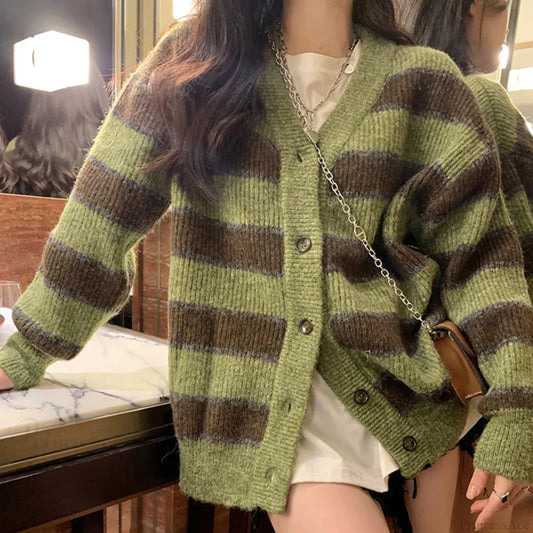 Retro Green Stripe V-Neck Single Breasted Cardigan Green / LIGHT GREEN cardiagn-250126