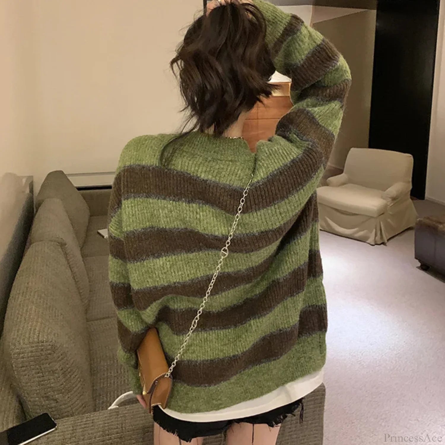 Retro Green Stripe V-Neck Single Breasted Cardigan Green / LIGHT GREEN cardiagn-250126