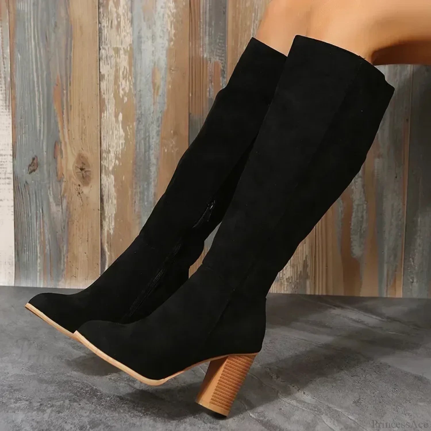 Retro High Heel Western Cowboy Chunky Winter Warm Plush Leather Suede Knee High Boot