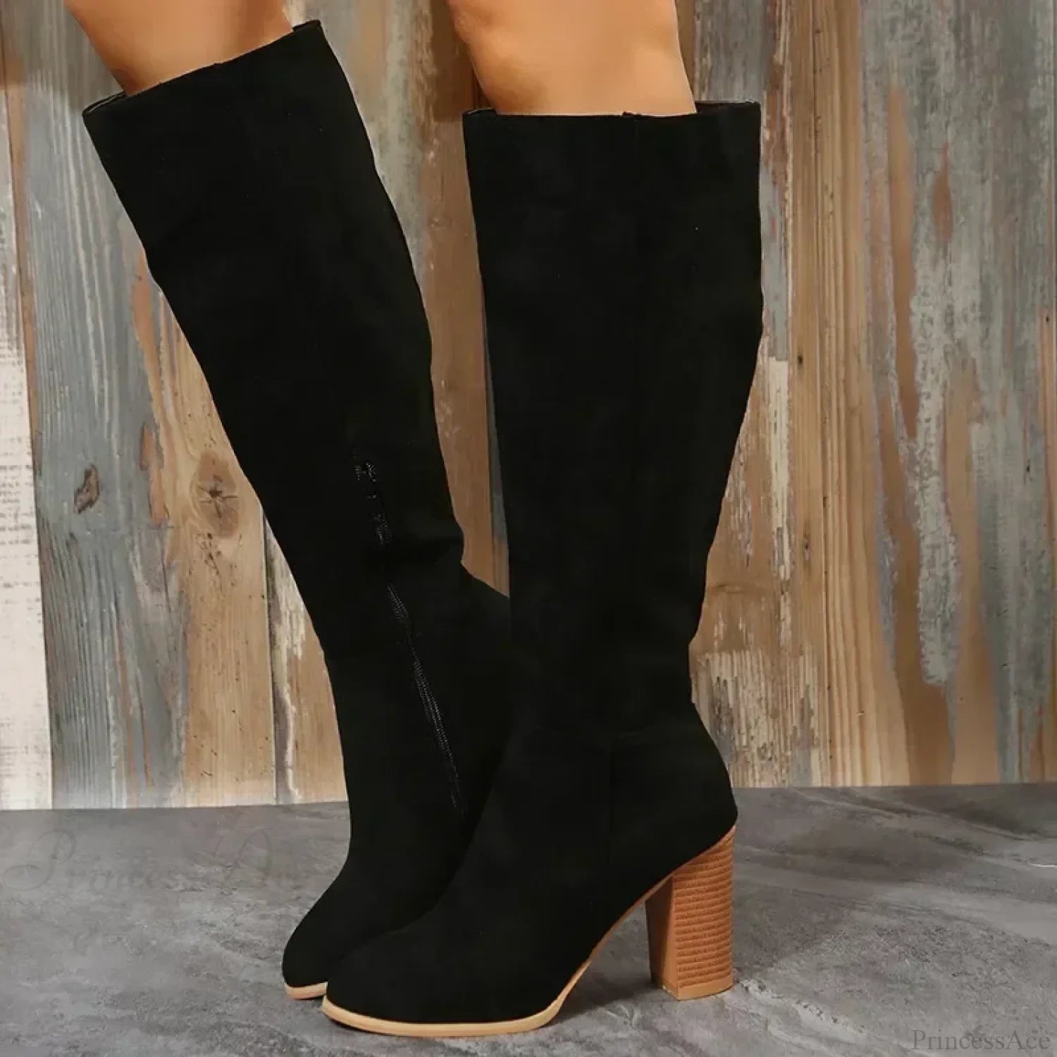 Retro High Heel Western Cowboy Chunky Winter Warm Plush Leather Suede Knee High Boot Black / 36