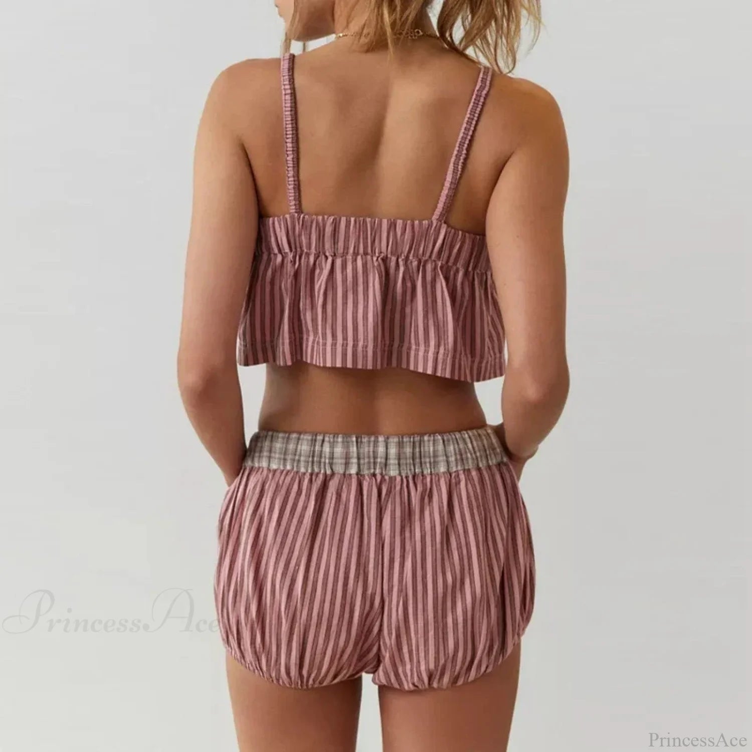 Retro Kawaii Plaid Patchwork Camis Crop Top Shorts Two Pieces Set twopiecesset-250126