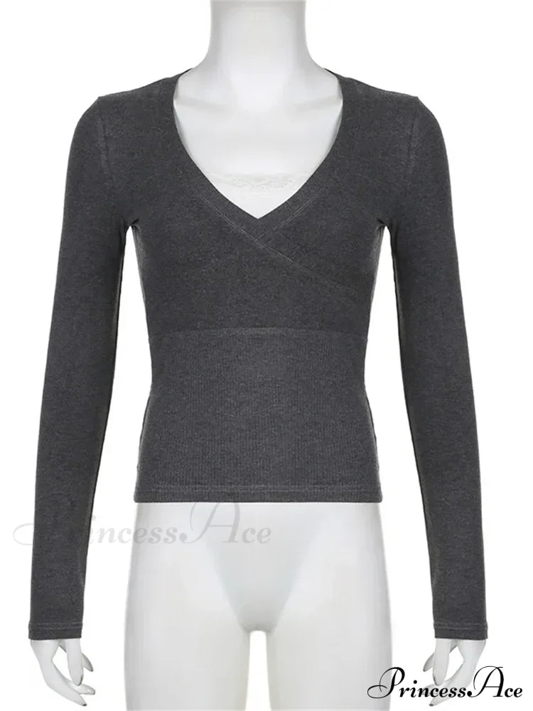 Retro Lace Patchwork Slim Fitlong Sleeve V-Neck T-Shirts