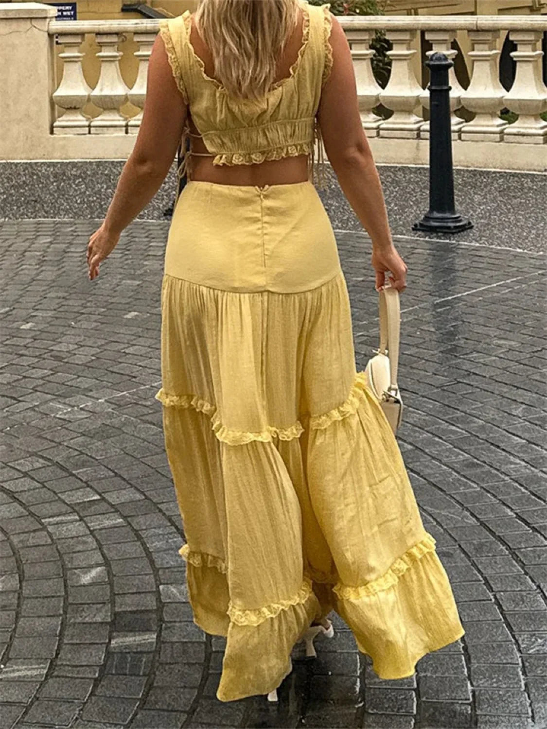 Retro Lace Trim Sleeveless Square Neck Tank Crop Top with Long Skirt Set twopiecesset-250126