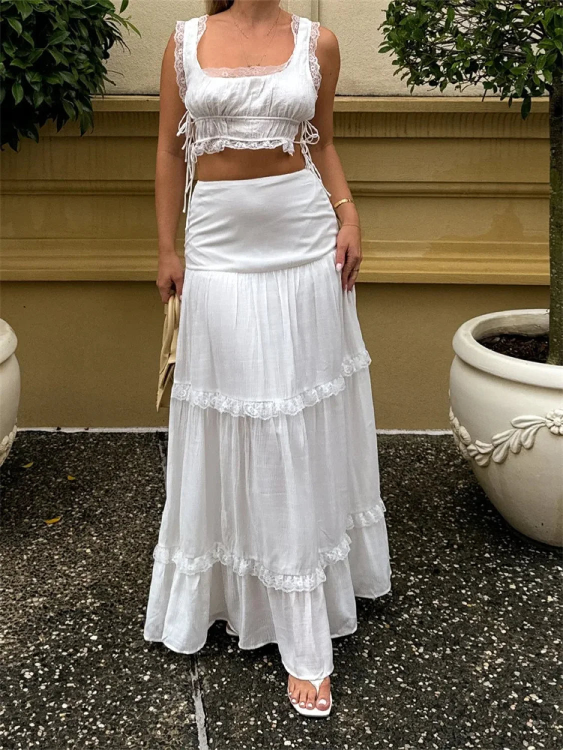 Retro Lace Trim Sleeveless Square Neck Tank Crop Top with Long Skirt Set WHITE / S twopiecesset-250126