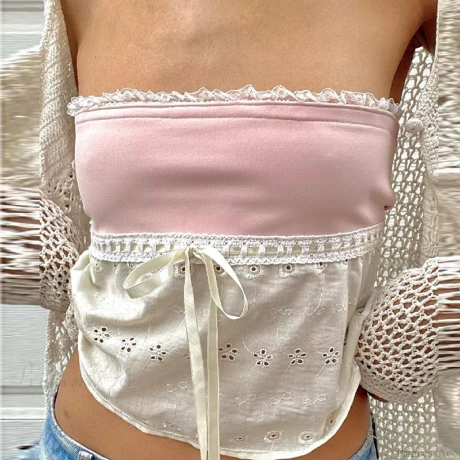 Retro Lace Trim Strapless Tube Crop Top croptop-250126