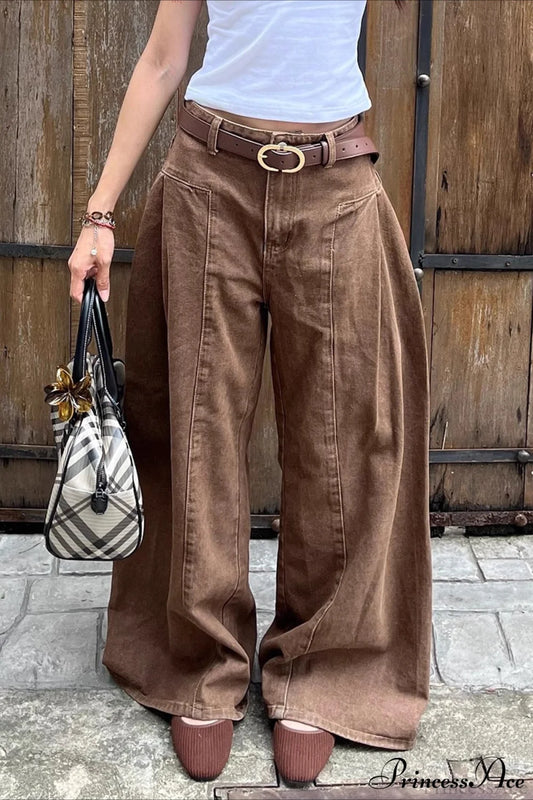Retro Maillard Distressed Wide Leg Floor Jeans Brown / S