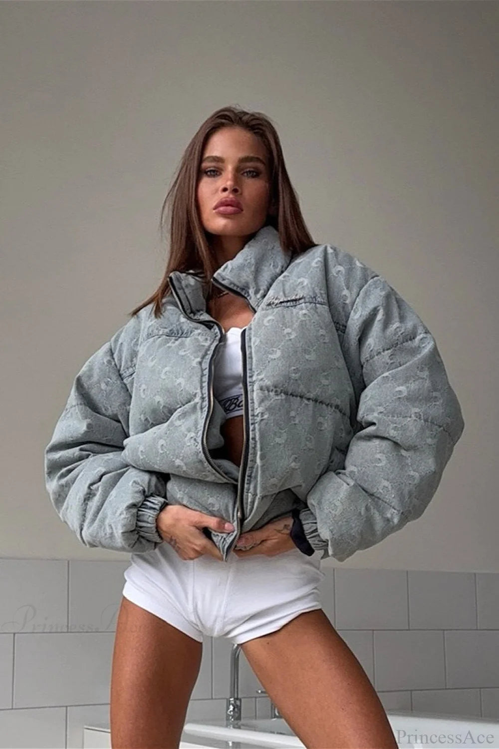 Retro Moon Print Denim Stand Collar Coat Grey / S