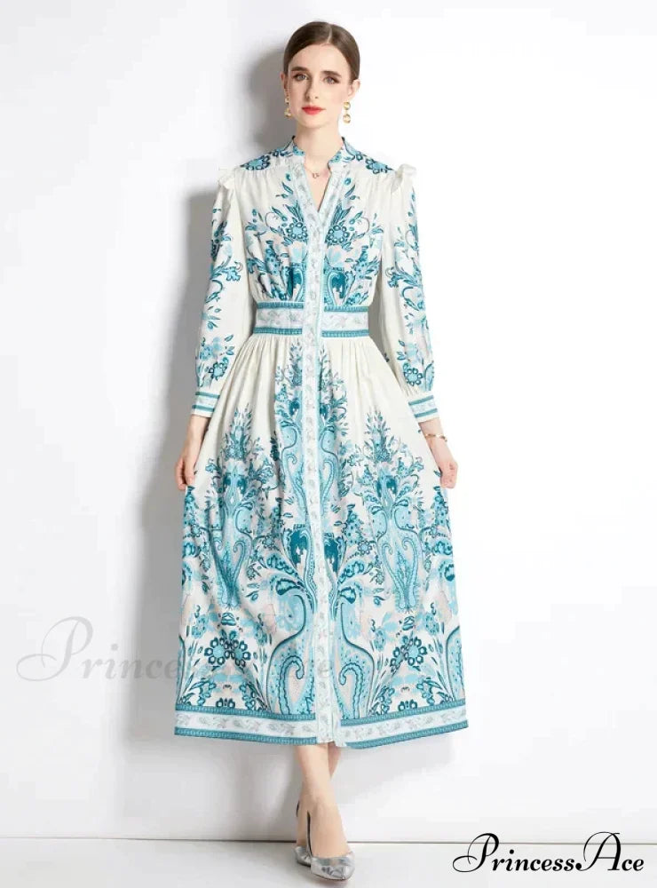 Retro Palace Long Sleeve Slim Dress With Print L / Purple