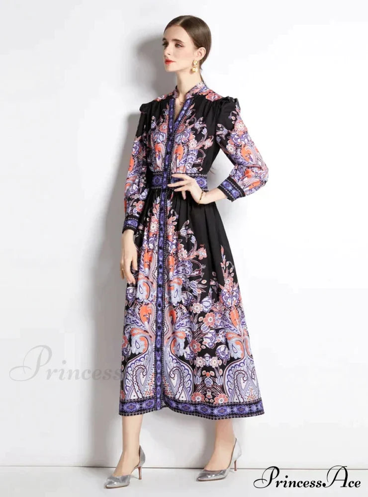 Retro Palace Long Sleeve Slim Dress With Print L / White