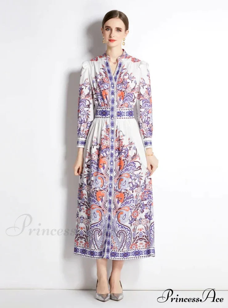 Retro Palace Long Sleeve Slim Dress With Print M / White