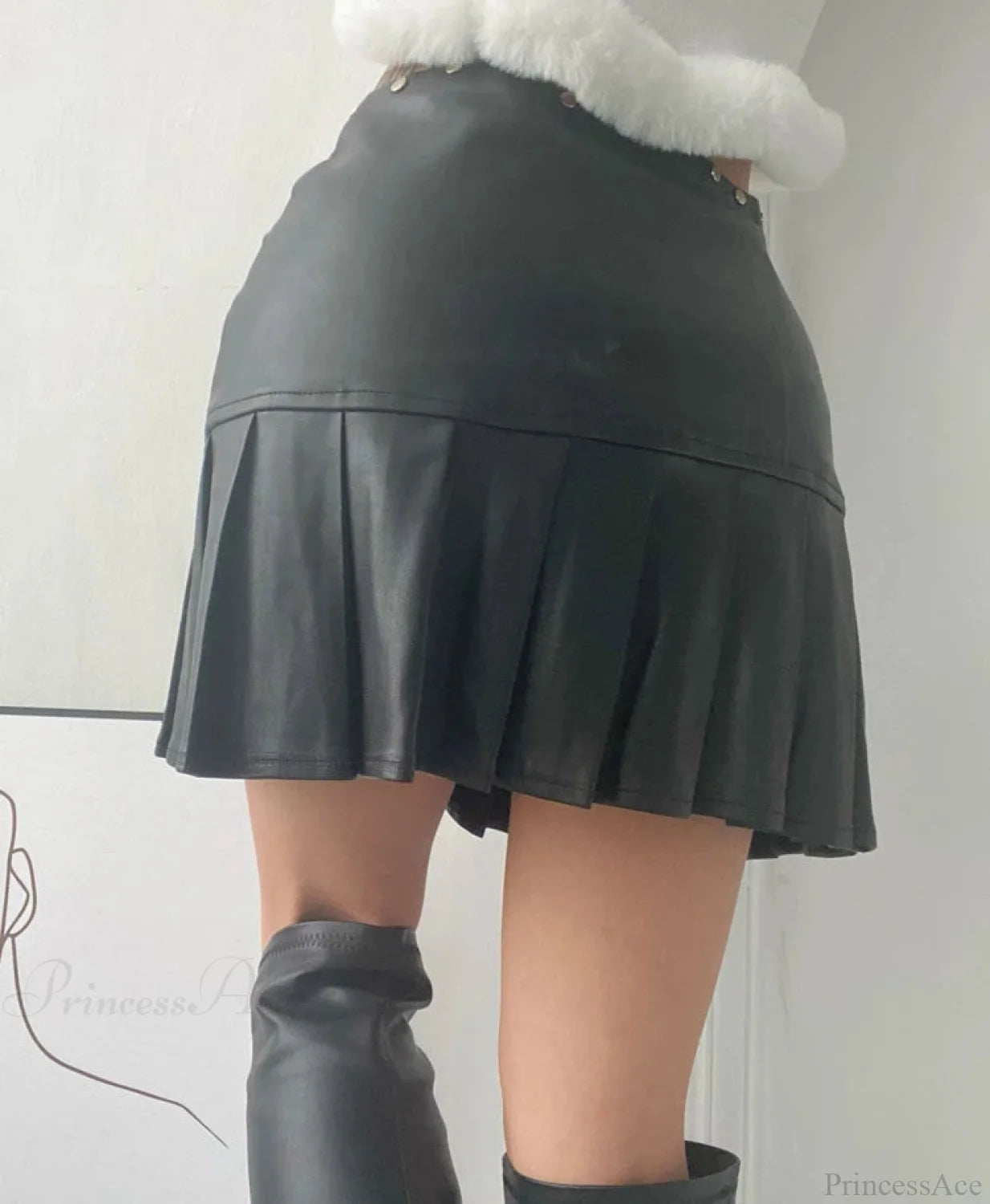 Retro PU Leather Pleated Mini Skirt Black / S