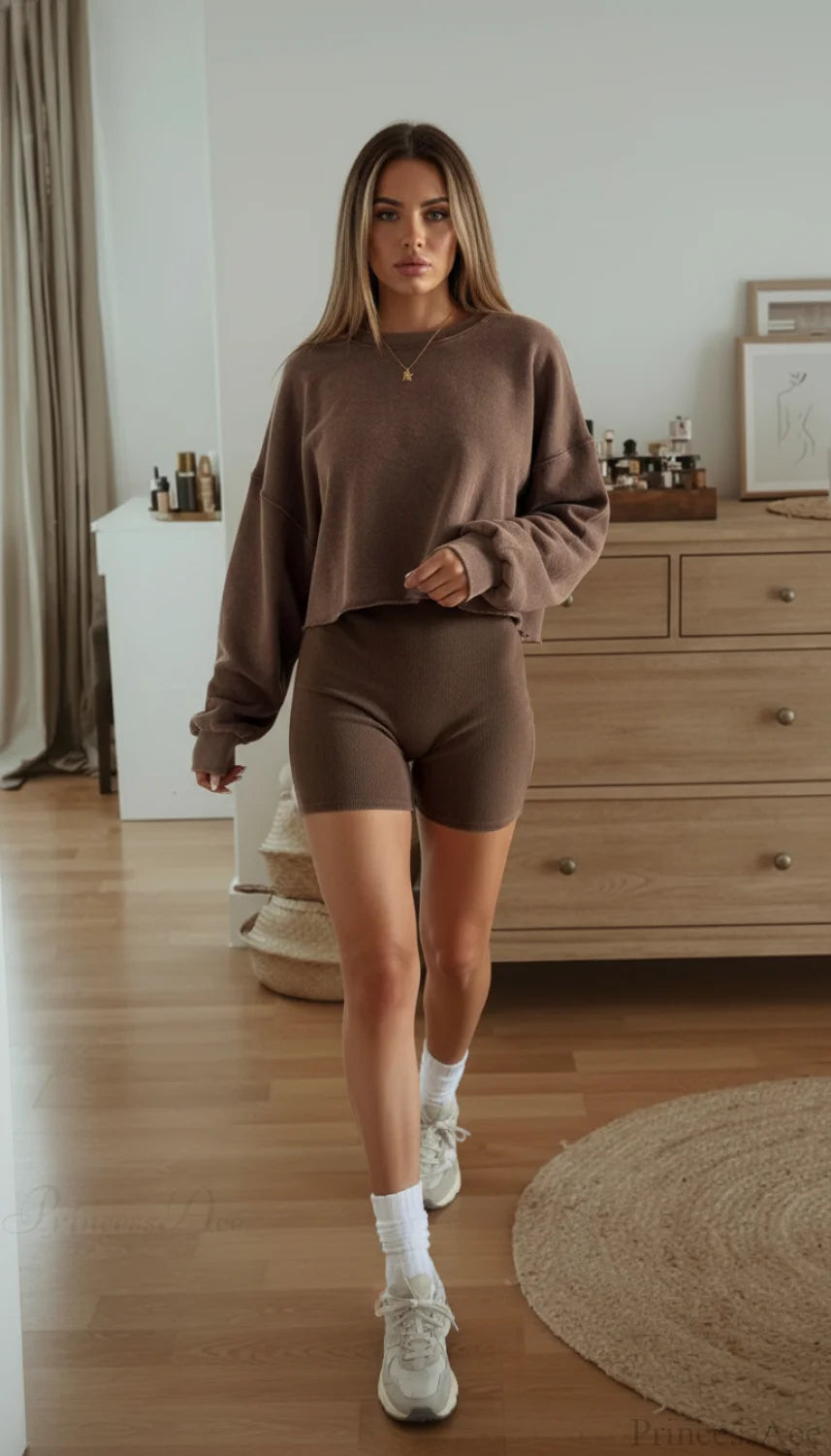 Retro Ribbed Crop Top Two Piece Set Brown / S