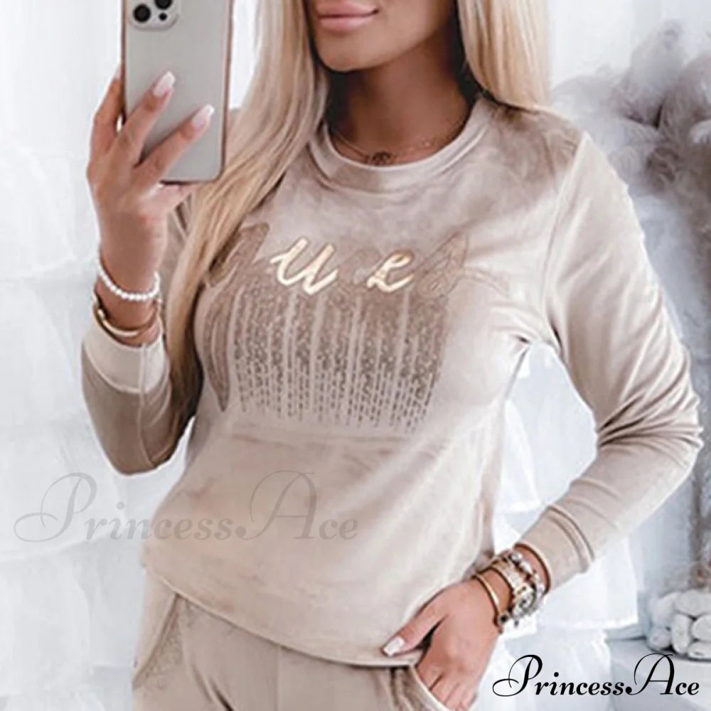 Retro Round Neck Velvet Letter Print Sequin Sweatshirt