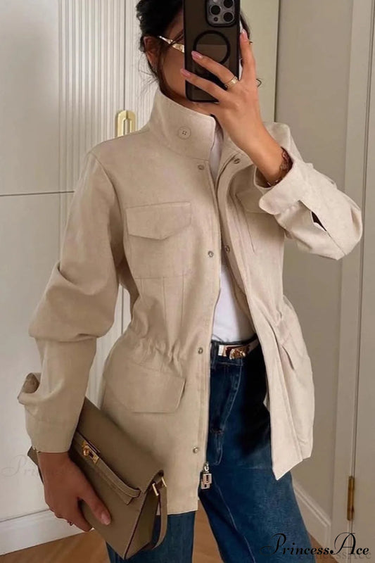 Retro Solid Collared Elastic-Waist Long-Sleeve Trench Jacket