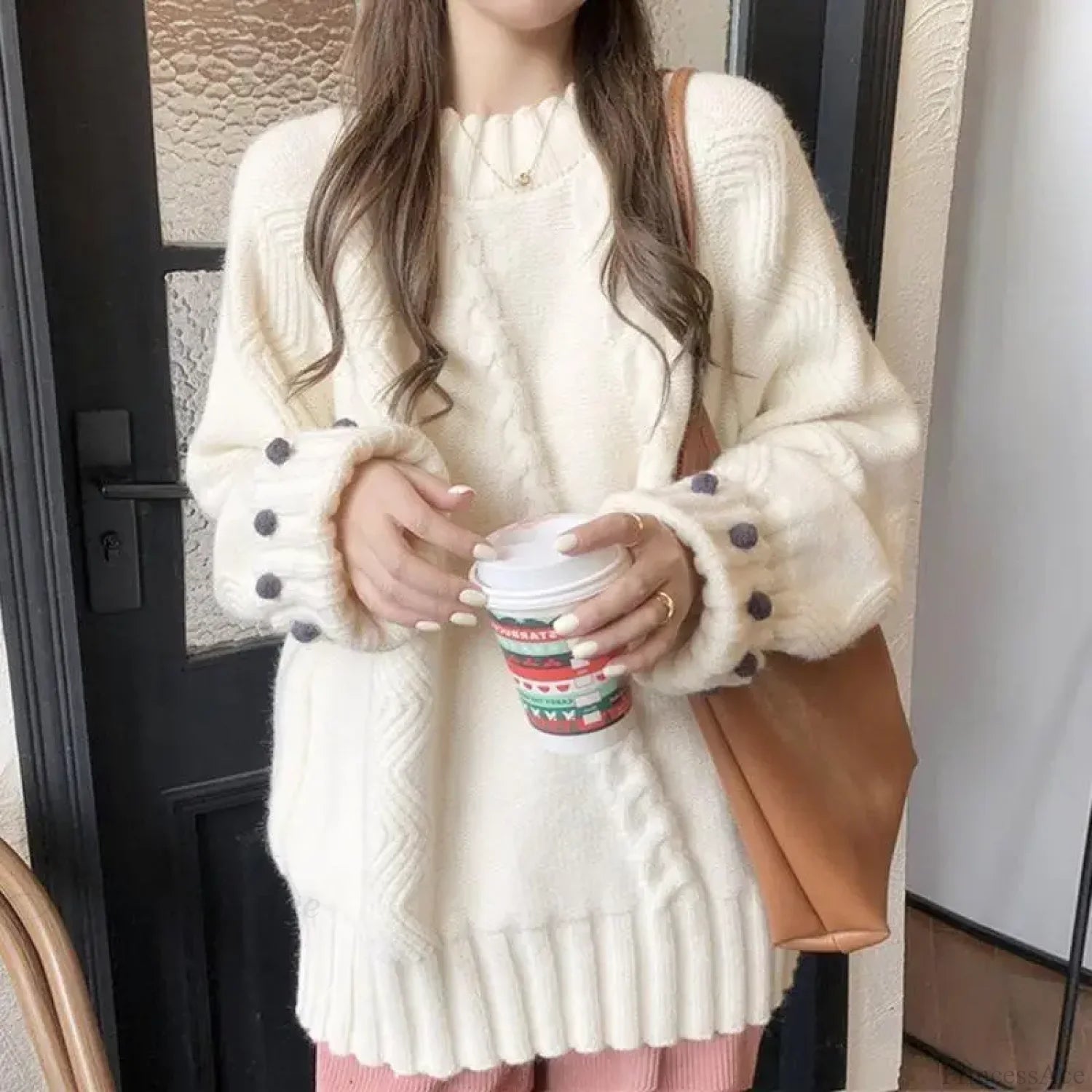 Retro Solid Color Thick Loose Elegant Sweater WHITE / S