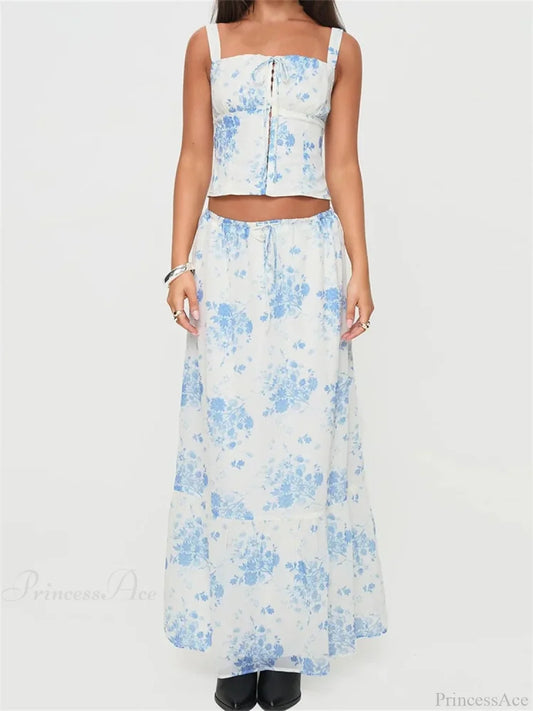 Retro Square Neck Button Up Tank Top Flower Print Long Skirt skirt-250126