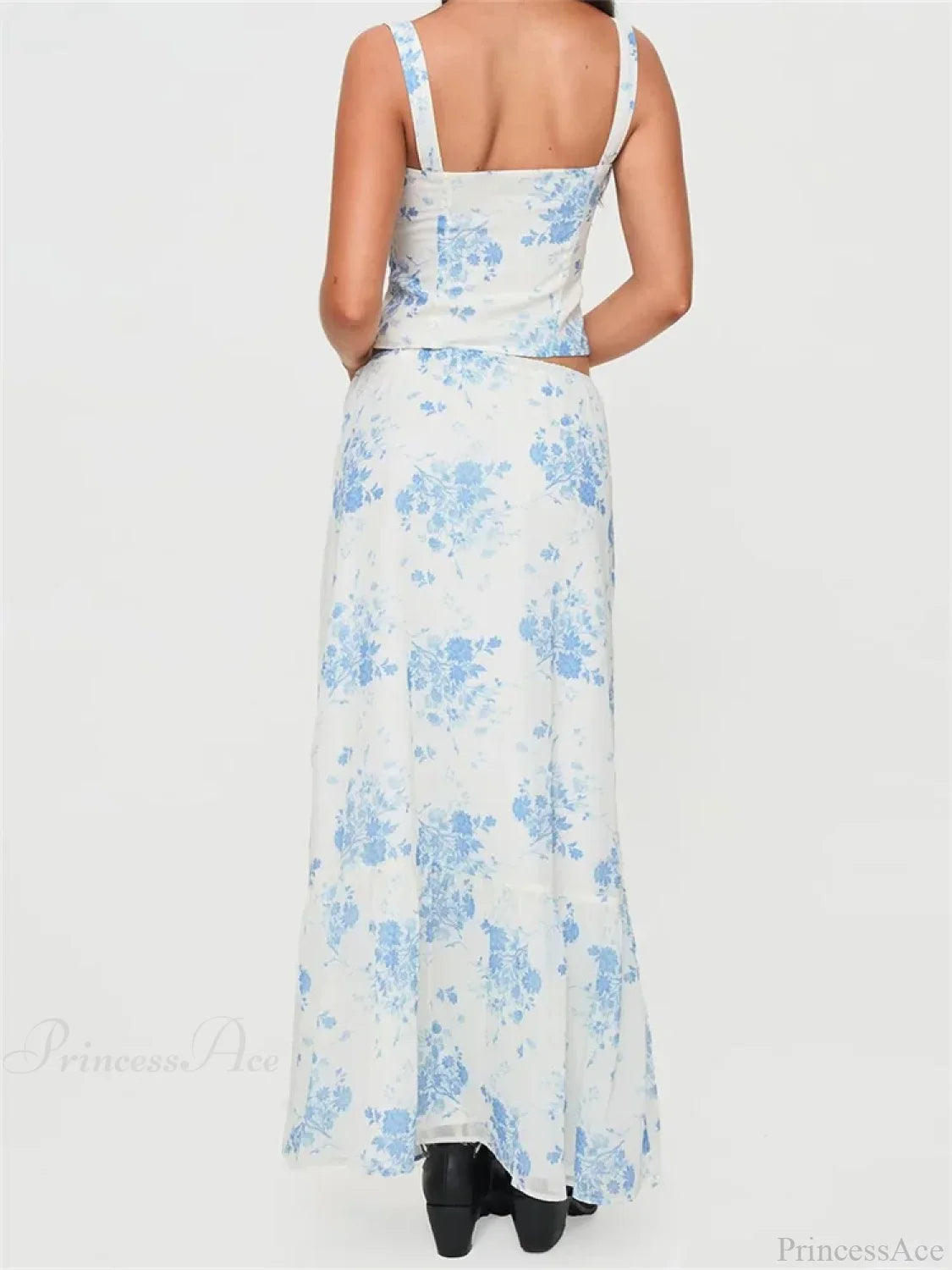 Retro Square Neck Button Up Tank Top Flower Print Long Skirt skirt-250126