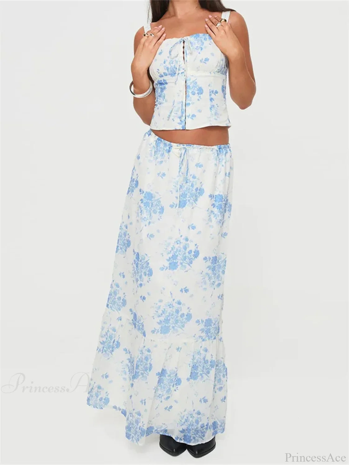 Retro Square Neck Button Up Tank Top Flower Print Long Skirt skirt-250126