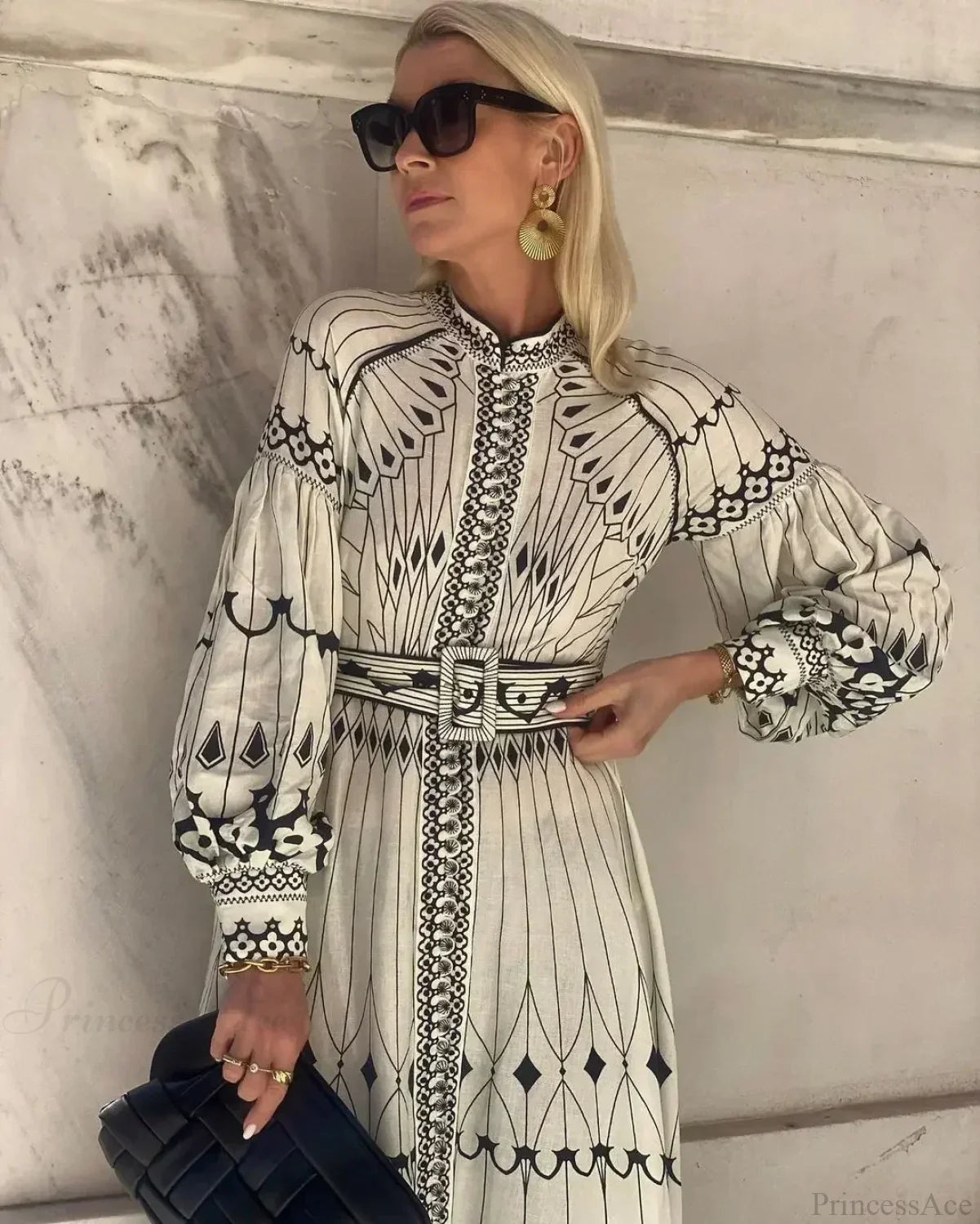 Retro Stand Collar Belted Boho Dress Beige / S bohodress-250126