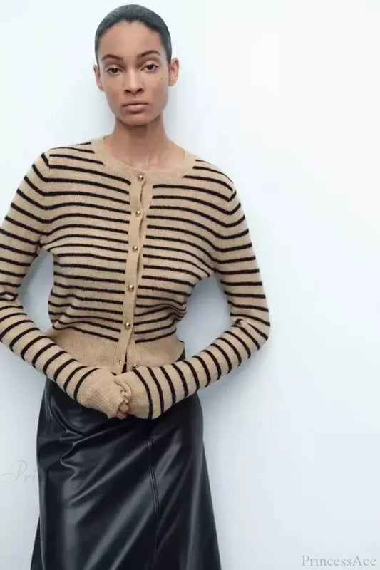Retro Striped Printed Round Neck Cardigan camel / S