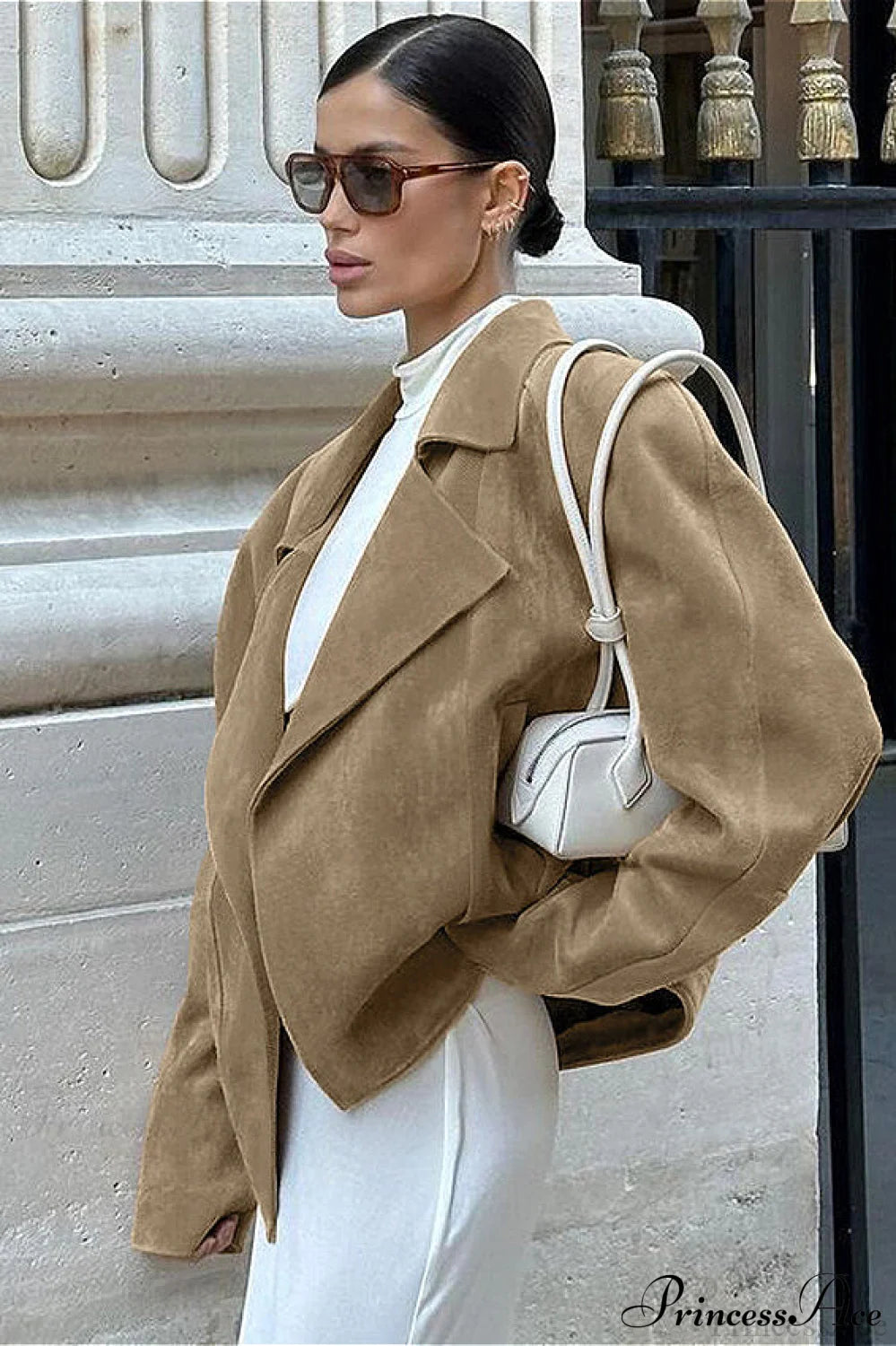 Retro Suede Blazer collar Loose Work Coat Khaki / S