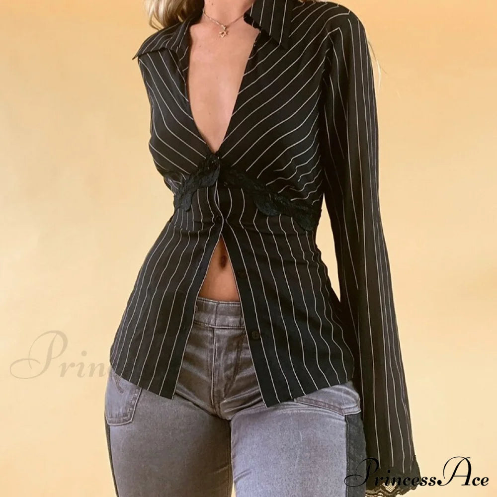 Retro Y2K Lace Patchwork Tshirt Button With Up And Design