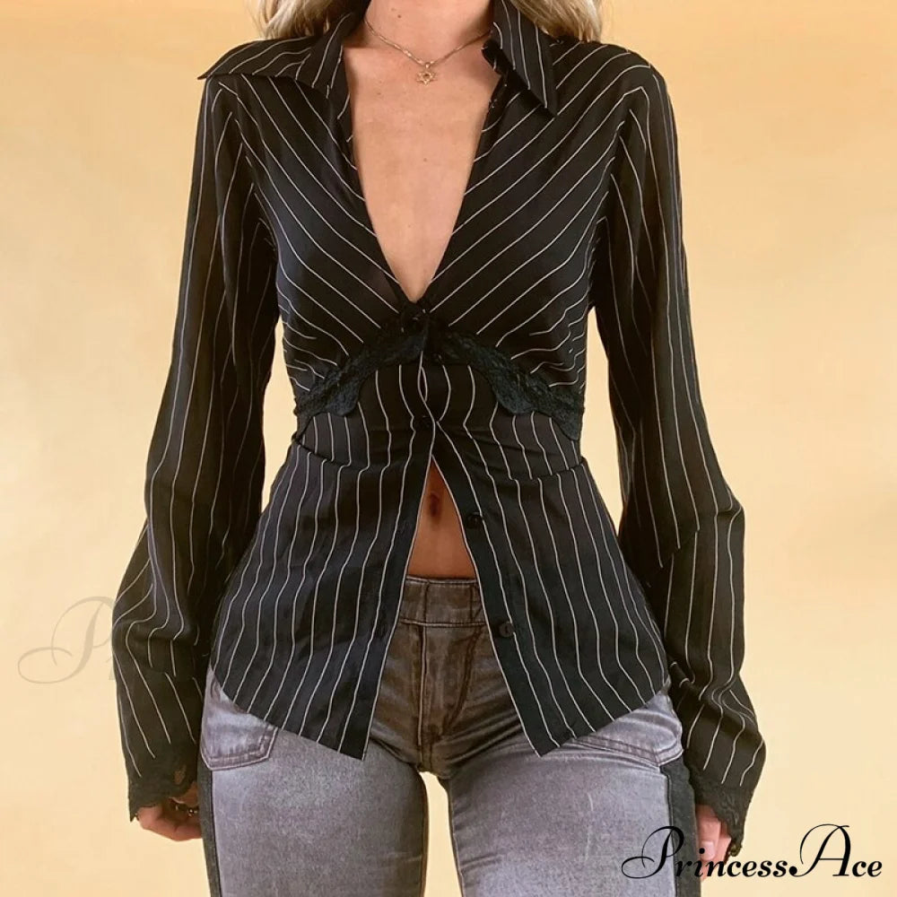 Retro Y2K Lace Patchwork Tshirt Button With Up And Design