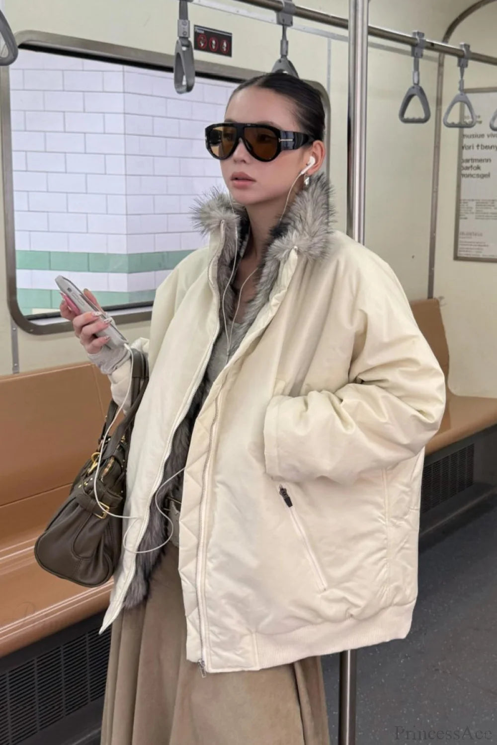 Reversible Patchwork Color Block Fleece Coat Beige / One Size