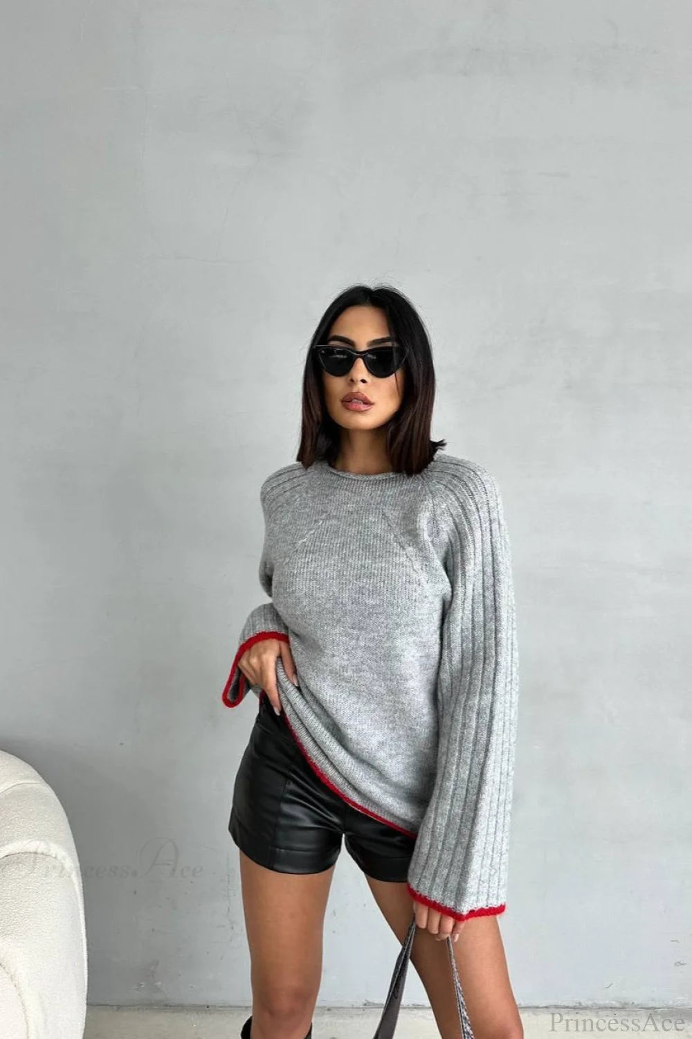 rewneck Ribbed Base Bell Sleeve Loose Sweater