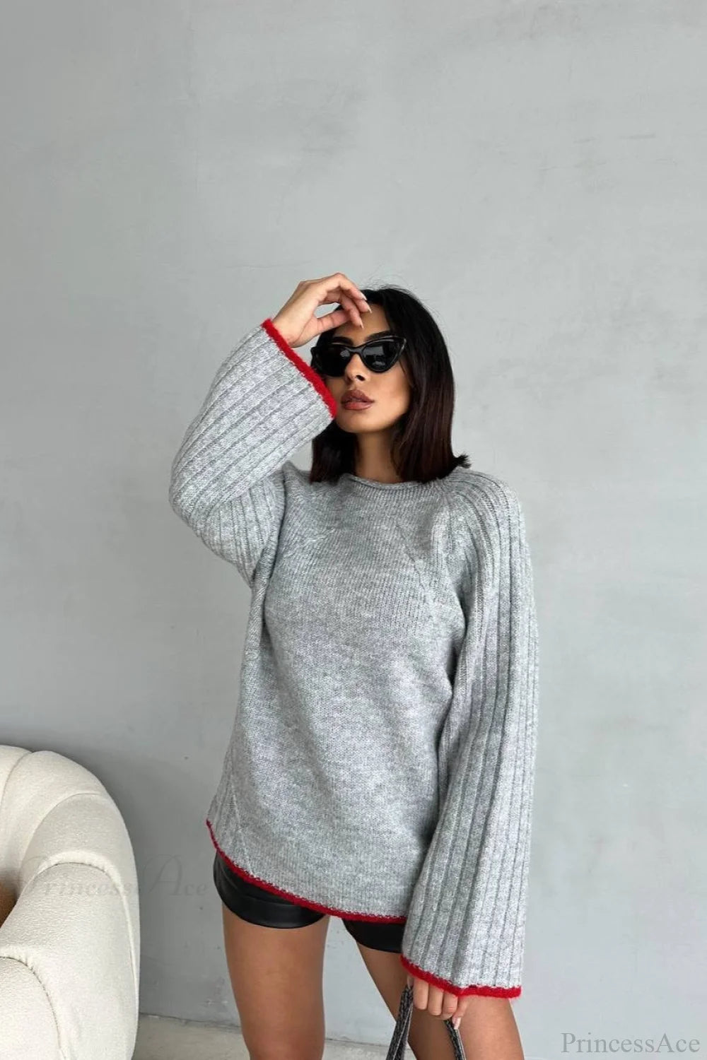 rewneck Ribbed Base Bell Sleeve Loose Sweater