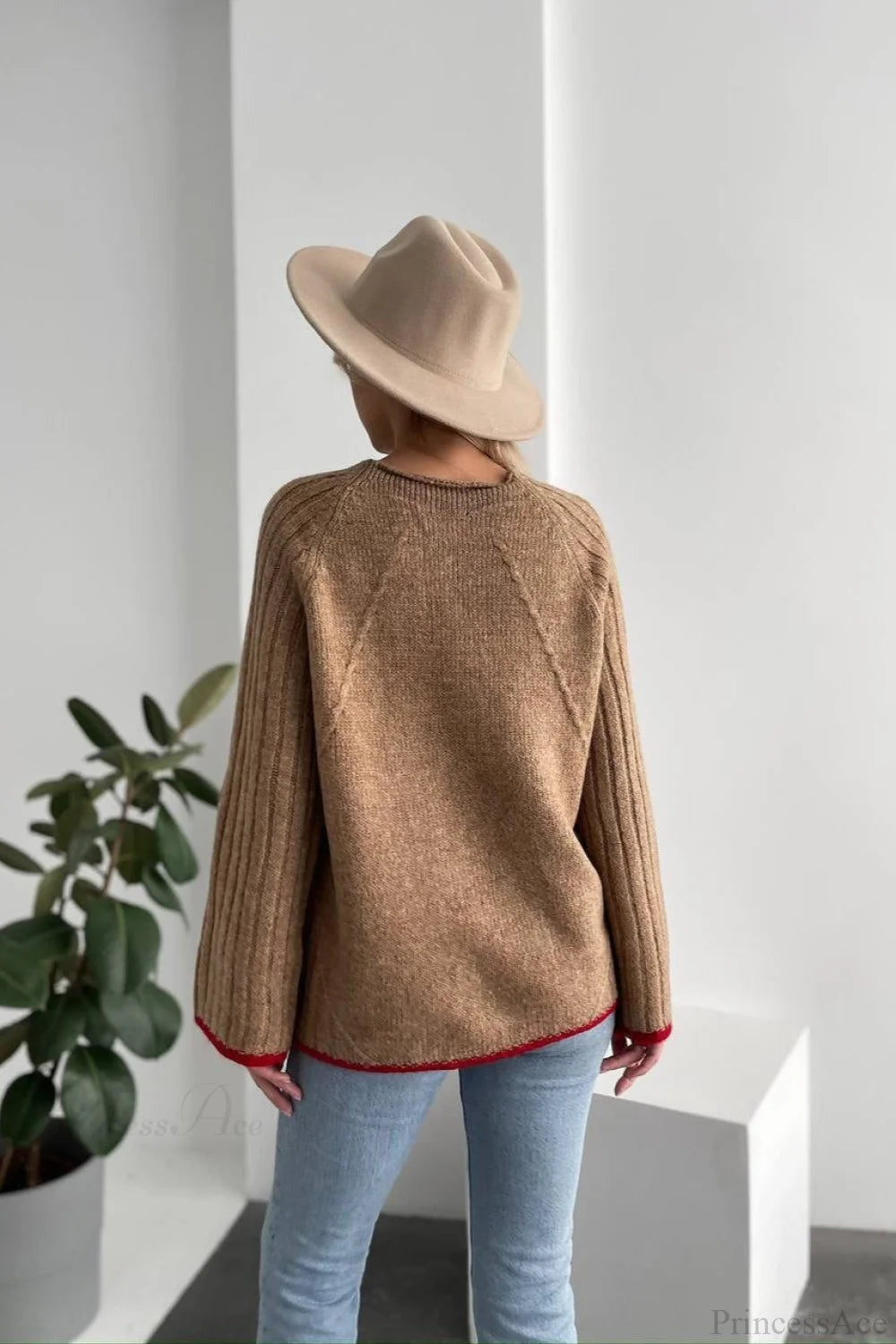 rewneck Ribbed Base Bell Sleeve Loose Sweater