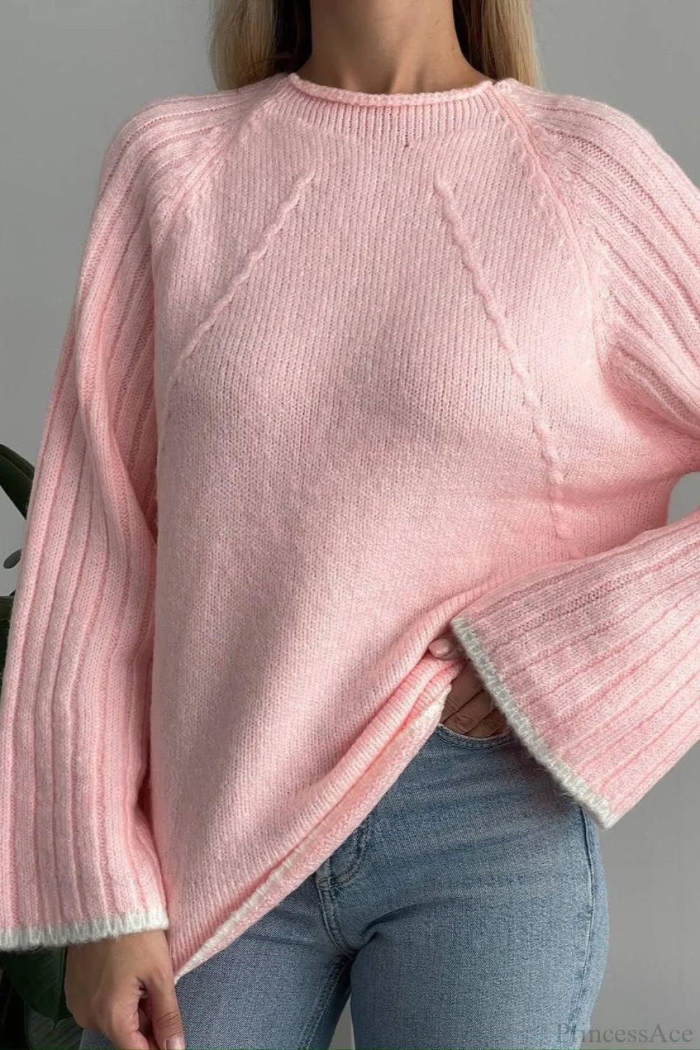 rewneck Ribbed Base Bell Sleeve Loose Sweater Pink / S