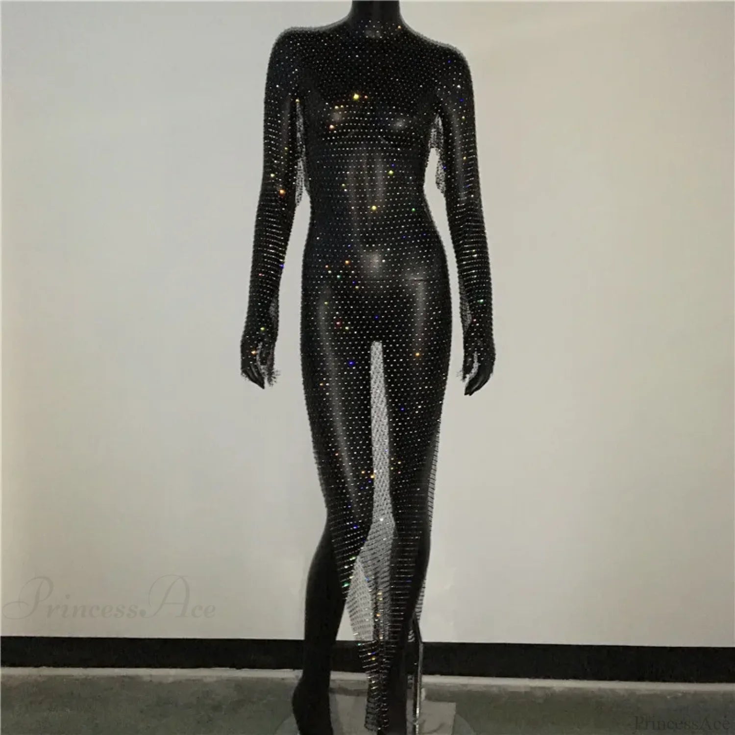 Rhinestone Fishnet Long Sleeve Party Dress Black Split / One Size Partydress-241208