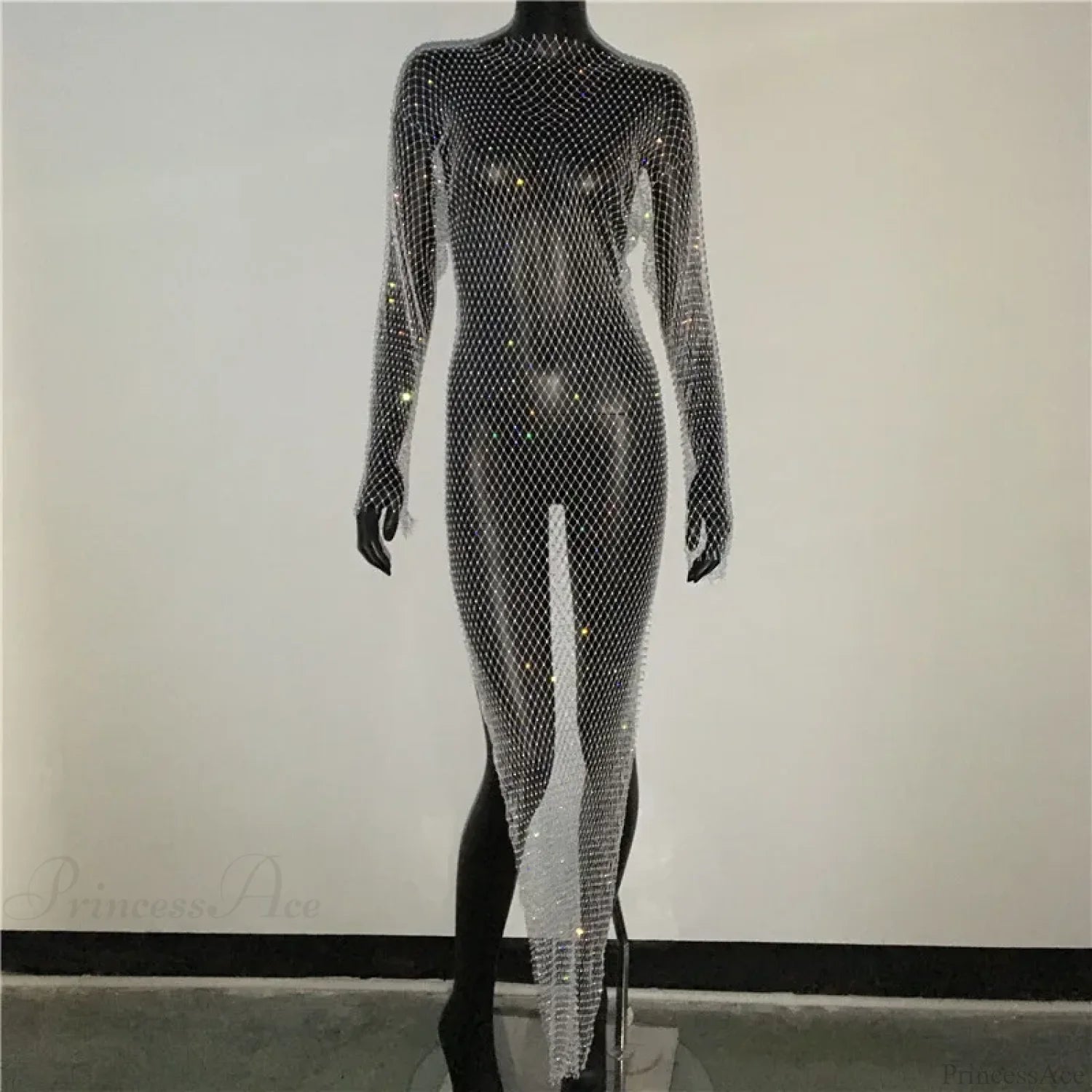 Rhinestone Fishnet Long Sleeve Party Dress White Split / One Size Partydress-241208