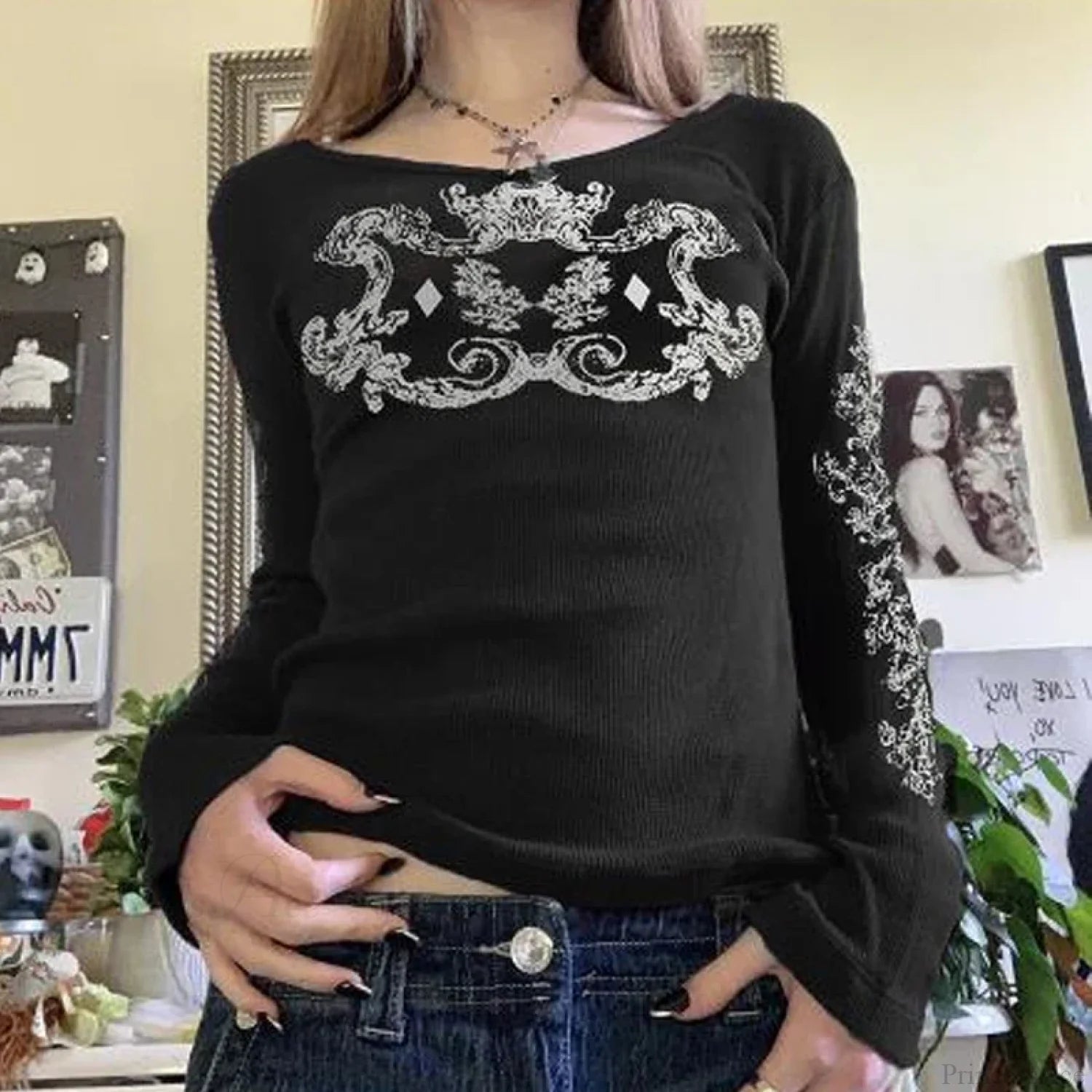 Rhinestone Graphic Knit Top black 8 / S