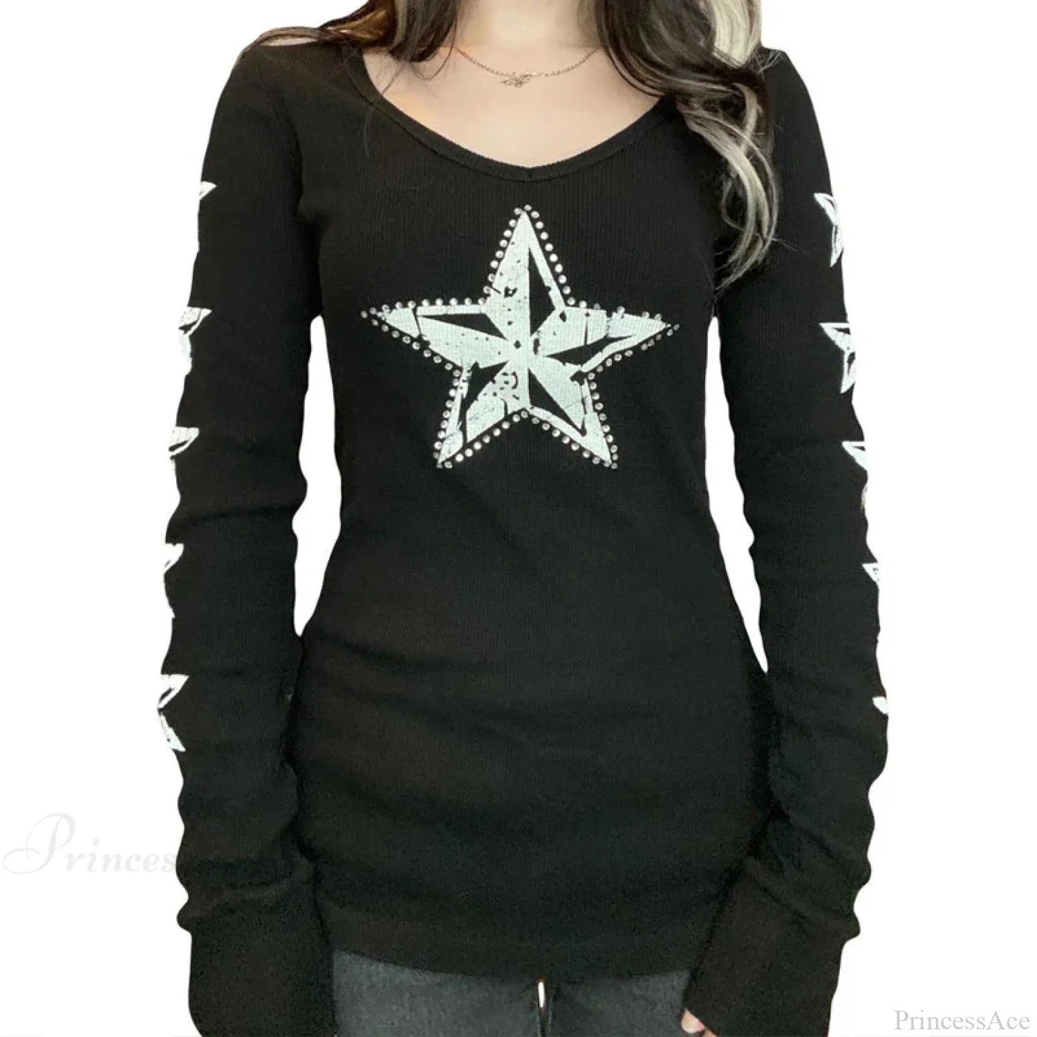 Rhinestone Graphic Knit Top black 9 / S