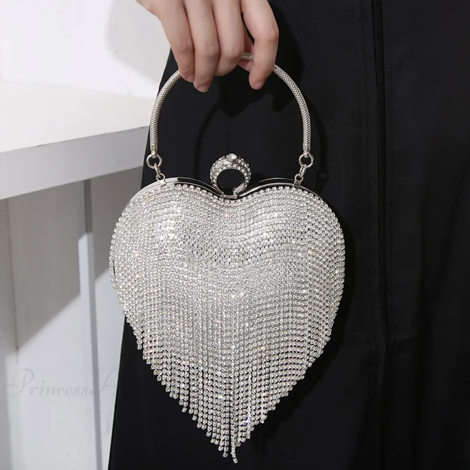 Rhinestone Heart Pattern Silver Evening Clutch Wedding Bridal Purse clutchbag-250126
