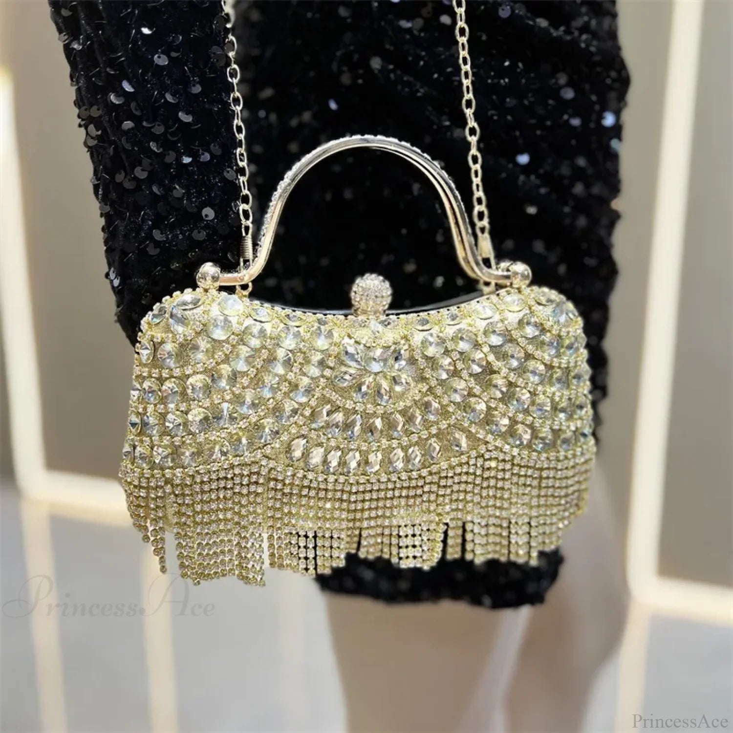 Rhinestone Silver Sparkling Tassel Shoulder Evening Clutch Bag clutchbag-250126