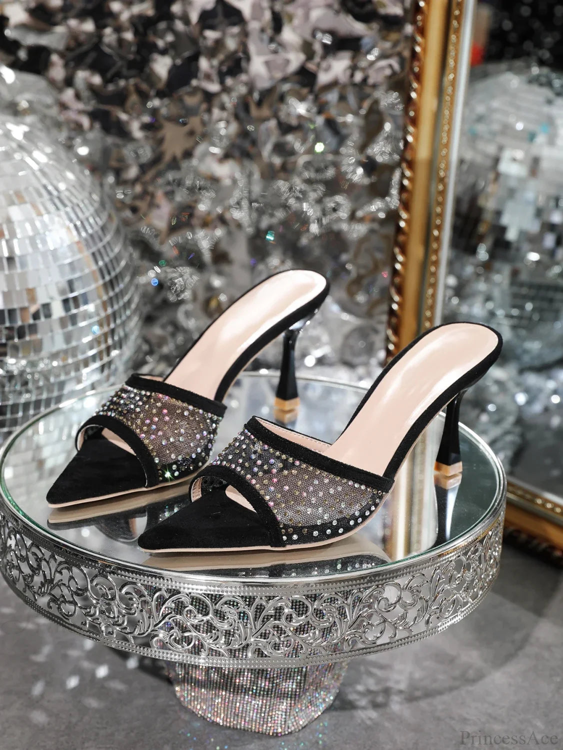 Rhinestone Slippersfashion Stiletto High Heels Pointed Open Toe Slides Party Sandals Heel Black / 35