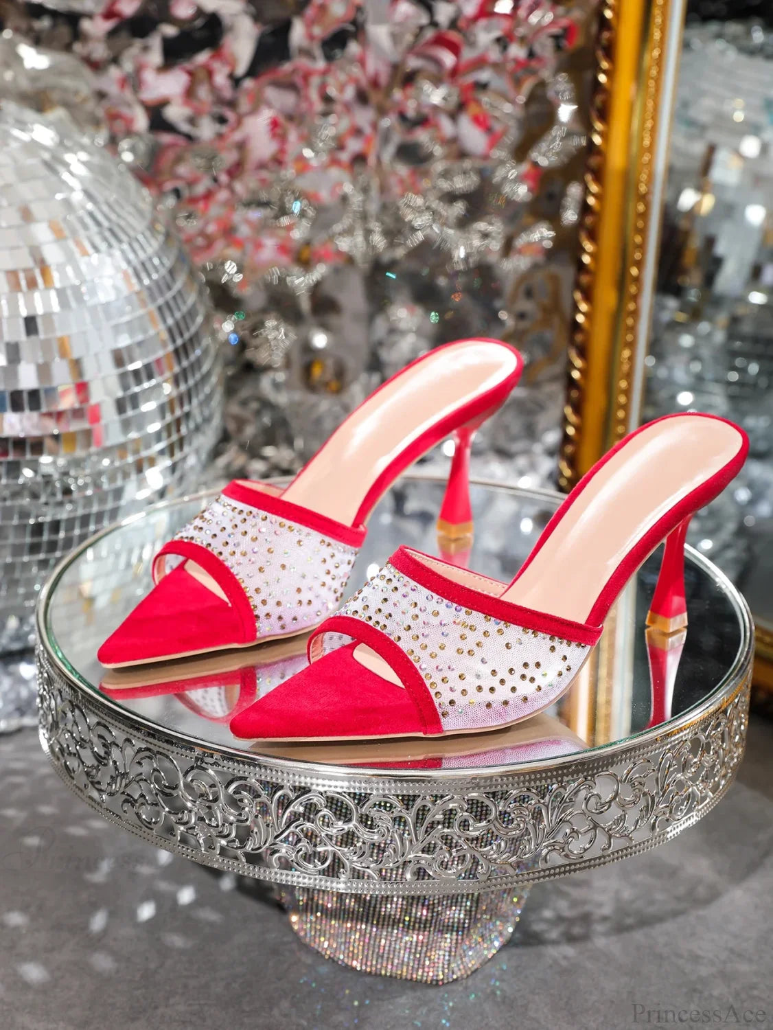 Rhinestone Slippersfashion Stiletto High Heels Pointed Open Toe Slides Party Sandals Heel Red / 35