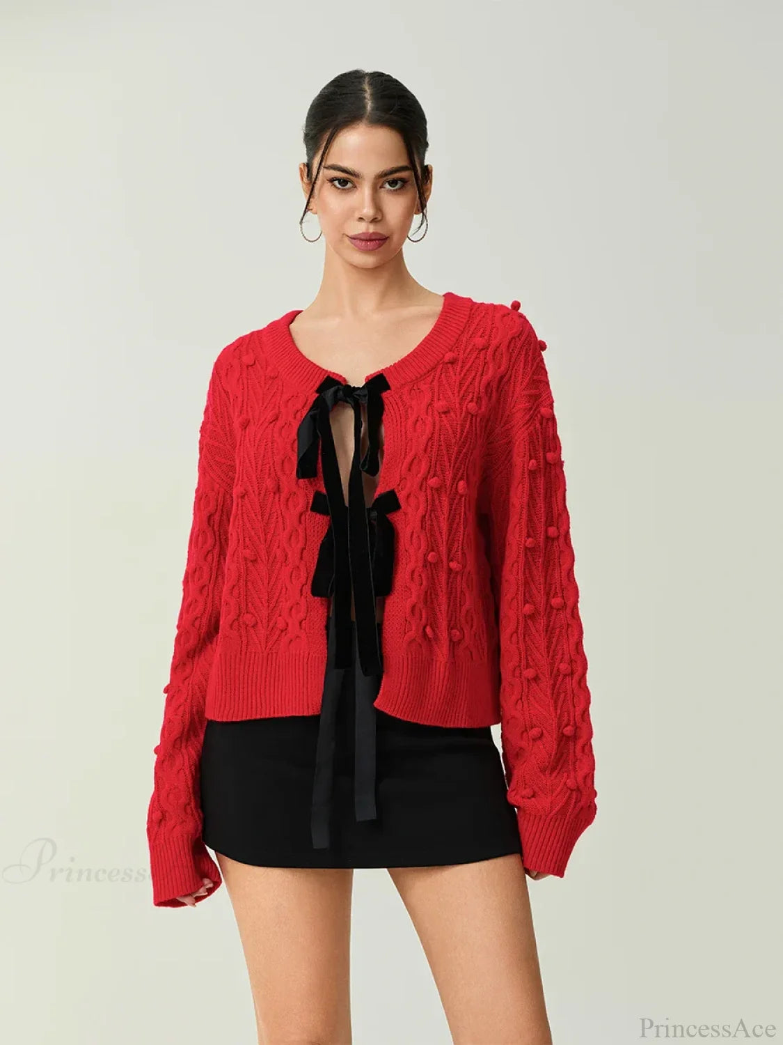 Ribbed Bow Tie Cable Knit Cardigan