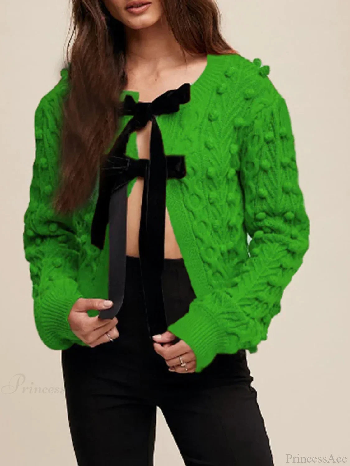 Ribbed Bow Tie Cable Knit Cardigan green / S