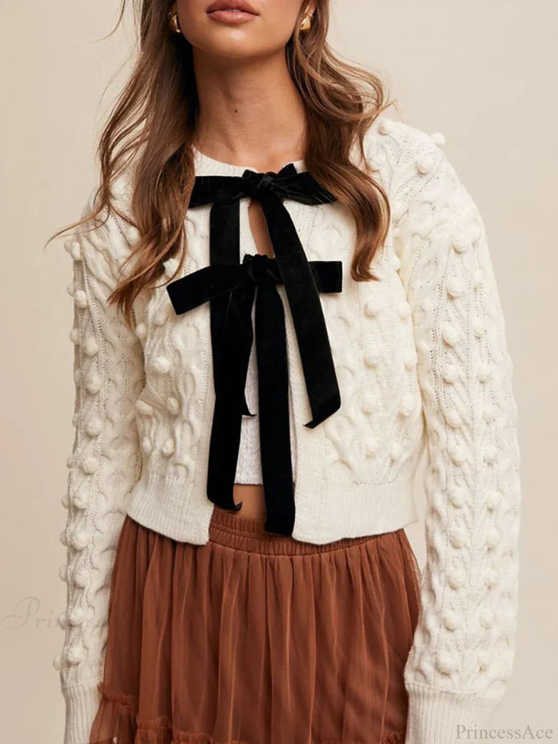Ribbed Bow Tie Cable Knit Cardigan white / S
