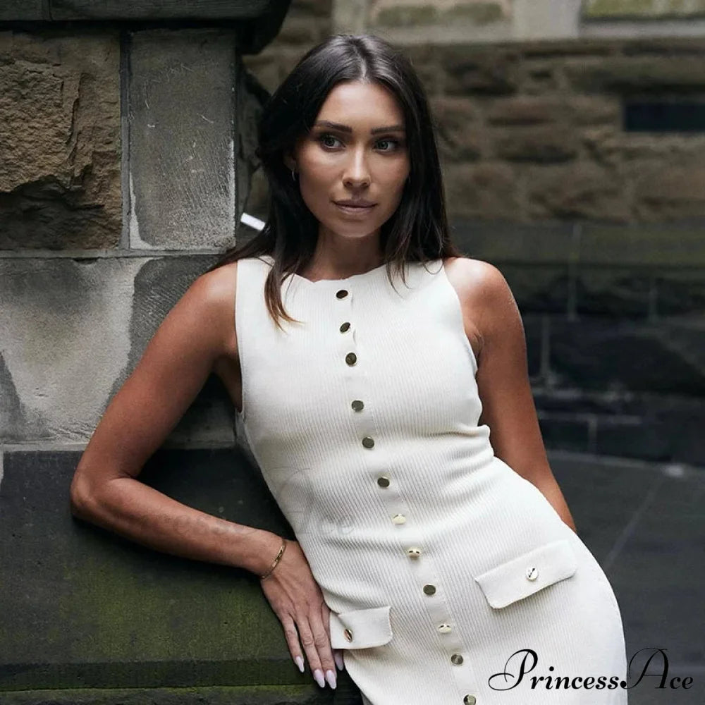 Ribbed Buttoned Stylish Midi Dress Solid Long
