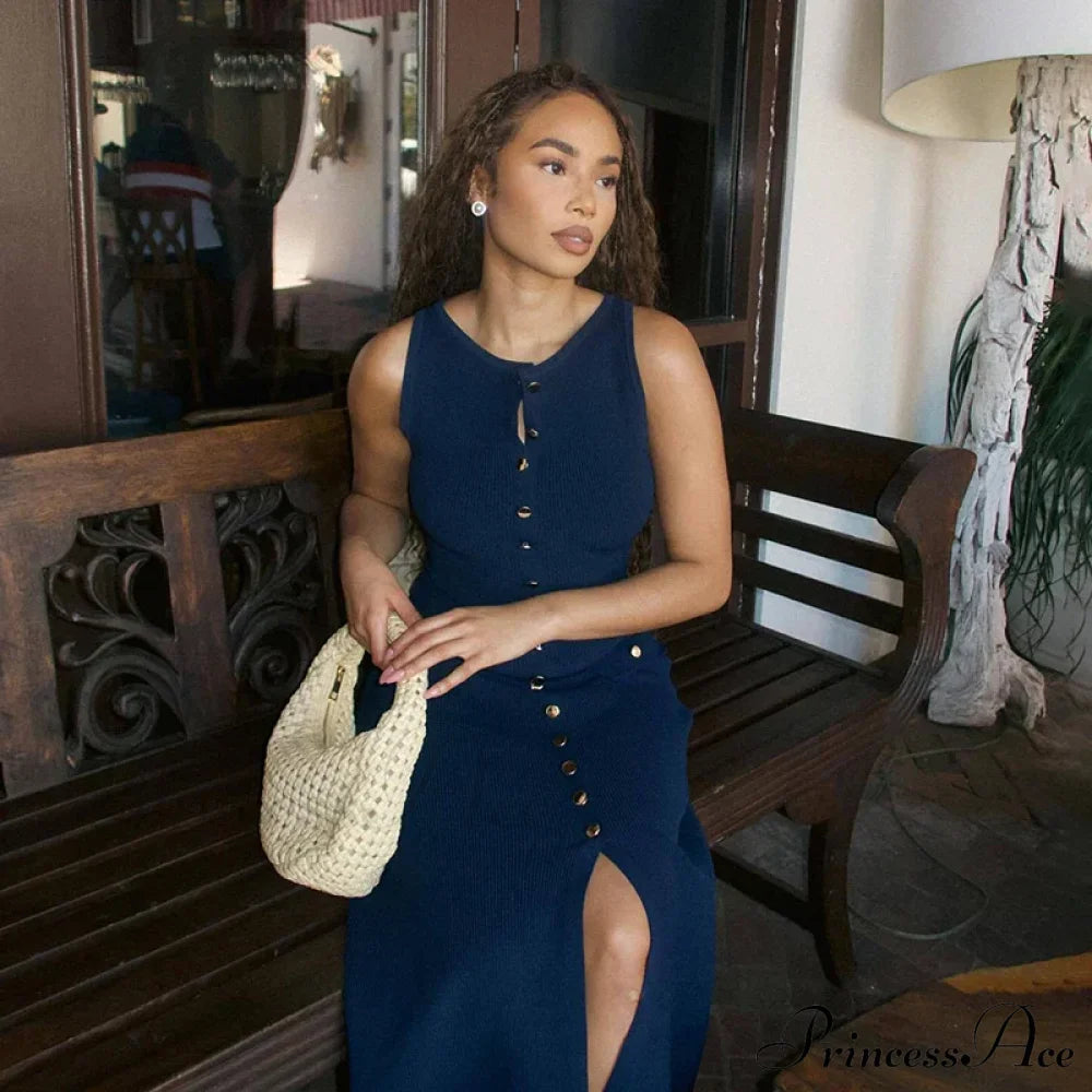 Ribbed Buttoned Stylish Midi Dress Solid Long