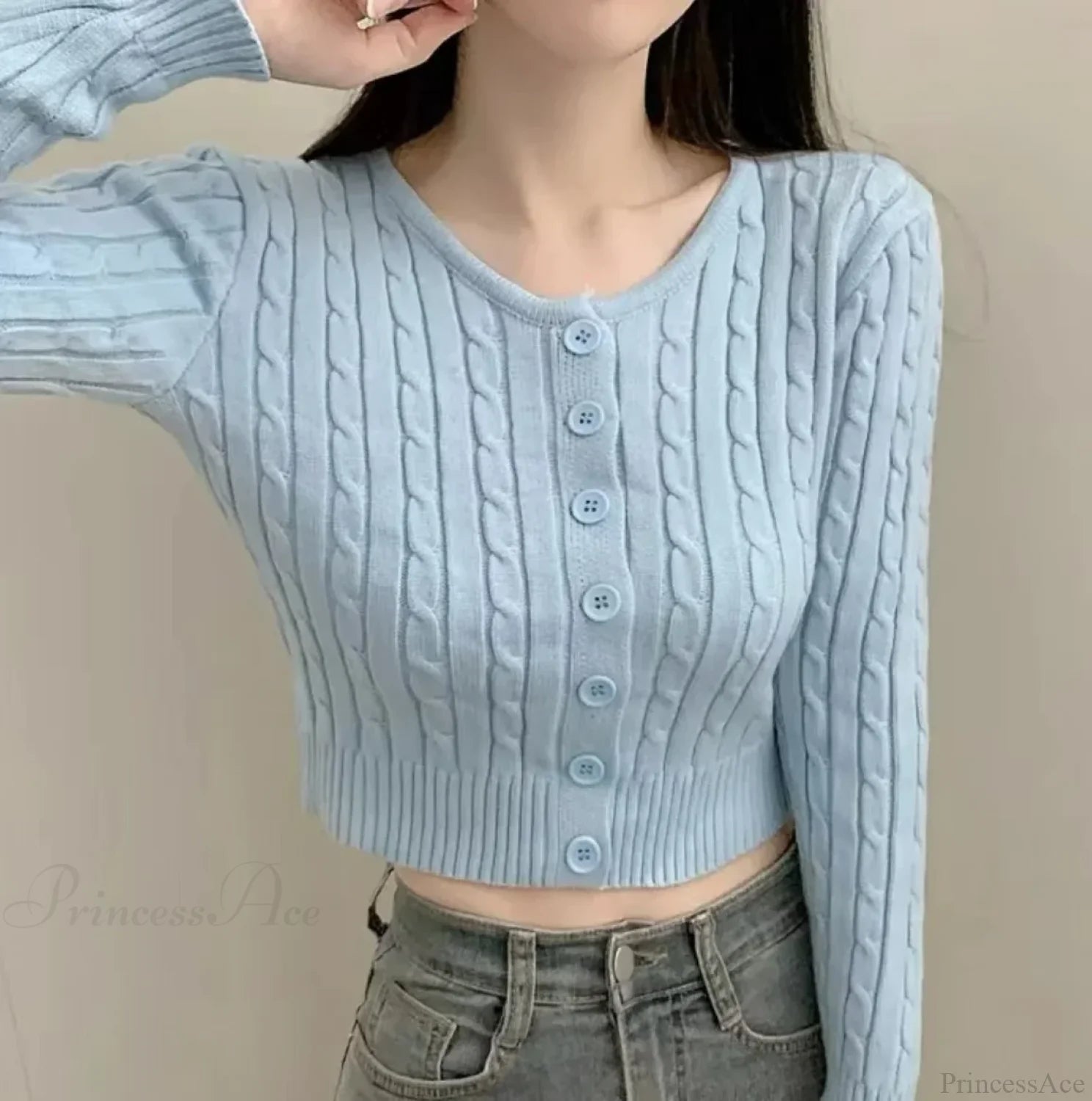 Ribbed Cable Knit Slim Fit Button-Up Cropped Cardigan Blue / One Size cardiagn-250126