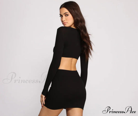 Ribbed Knit Stylish O-Ring Mini Dress Casual Dresses
