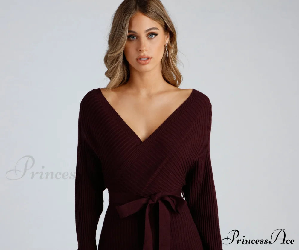 Ribbed Knit Tie-Front Charming Mini Sweater Dress Sweaters-L