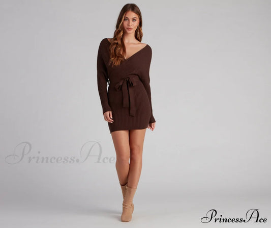 Ribbed Knit Tie-Front Charming Mini Sweater Dress Sweaters-L