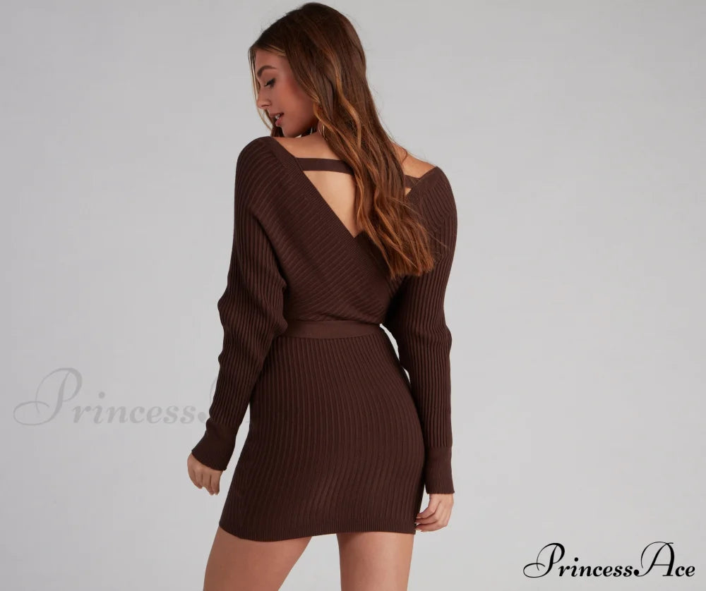Ribbed Knit Tie-Front Charming Mini Sweater Dress Sweaters-L